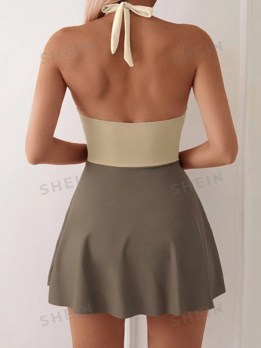 Summer Beach Colorblock Halter Swim Dress
