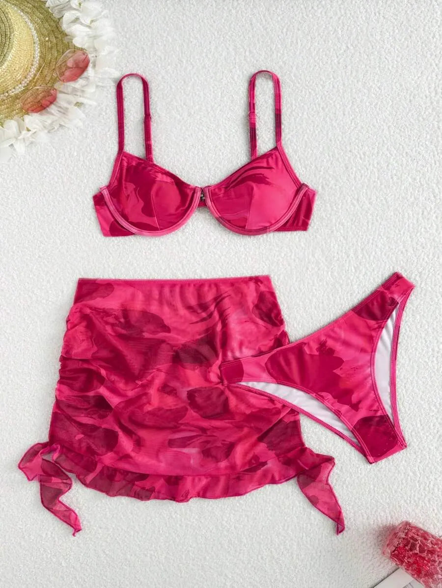 3-Piece Set Floral Bikini, Spaghetti Strap Top & Mesh Skirt