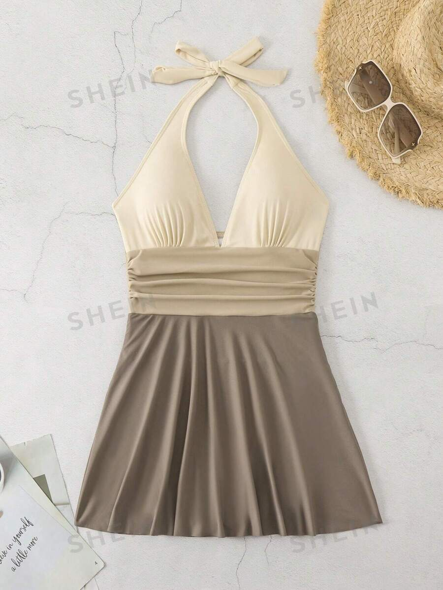Summer Beach Colorblock Halter Swim Dress