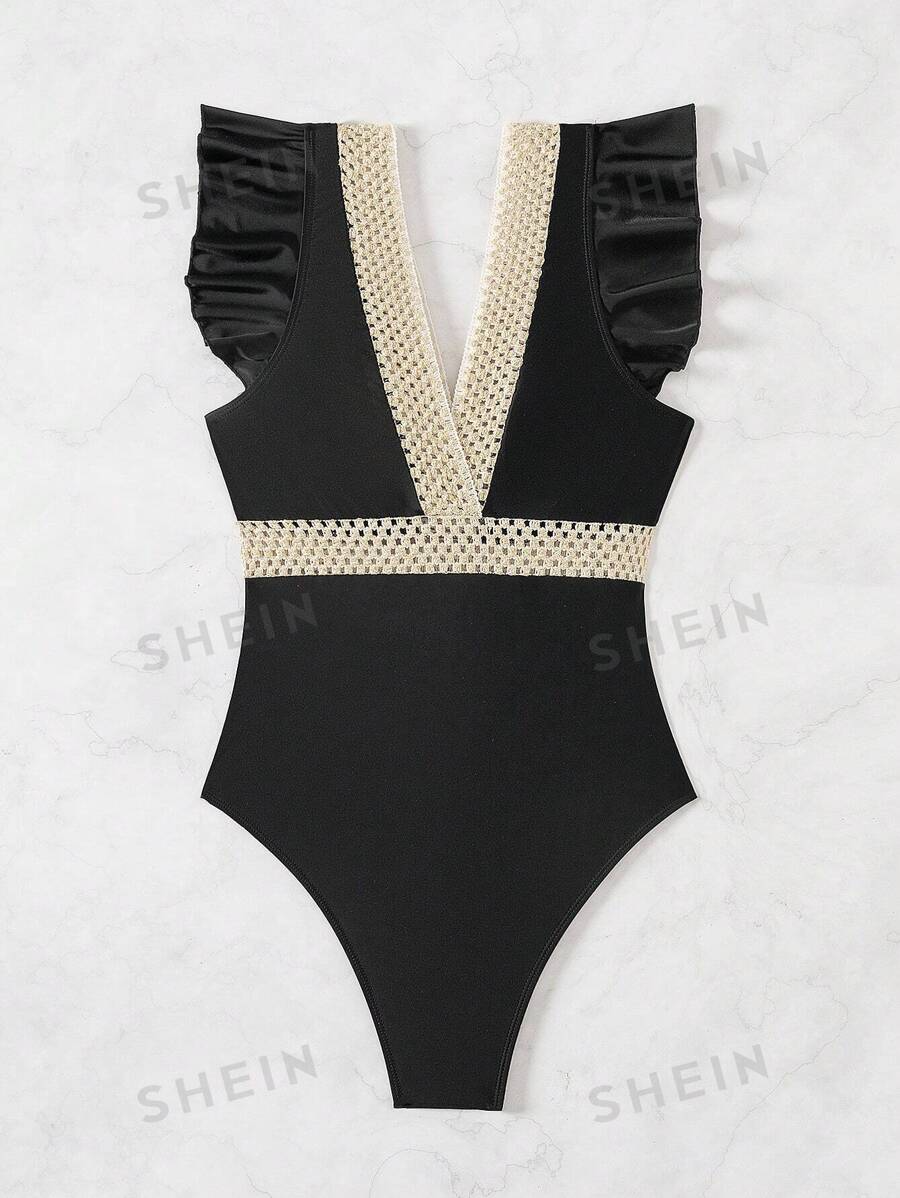 One Piece Women’s Swimsuit - Summer Beach Color Block Cap Sleeve for Vacation
