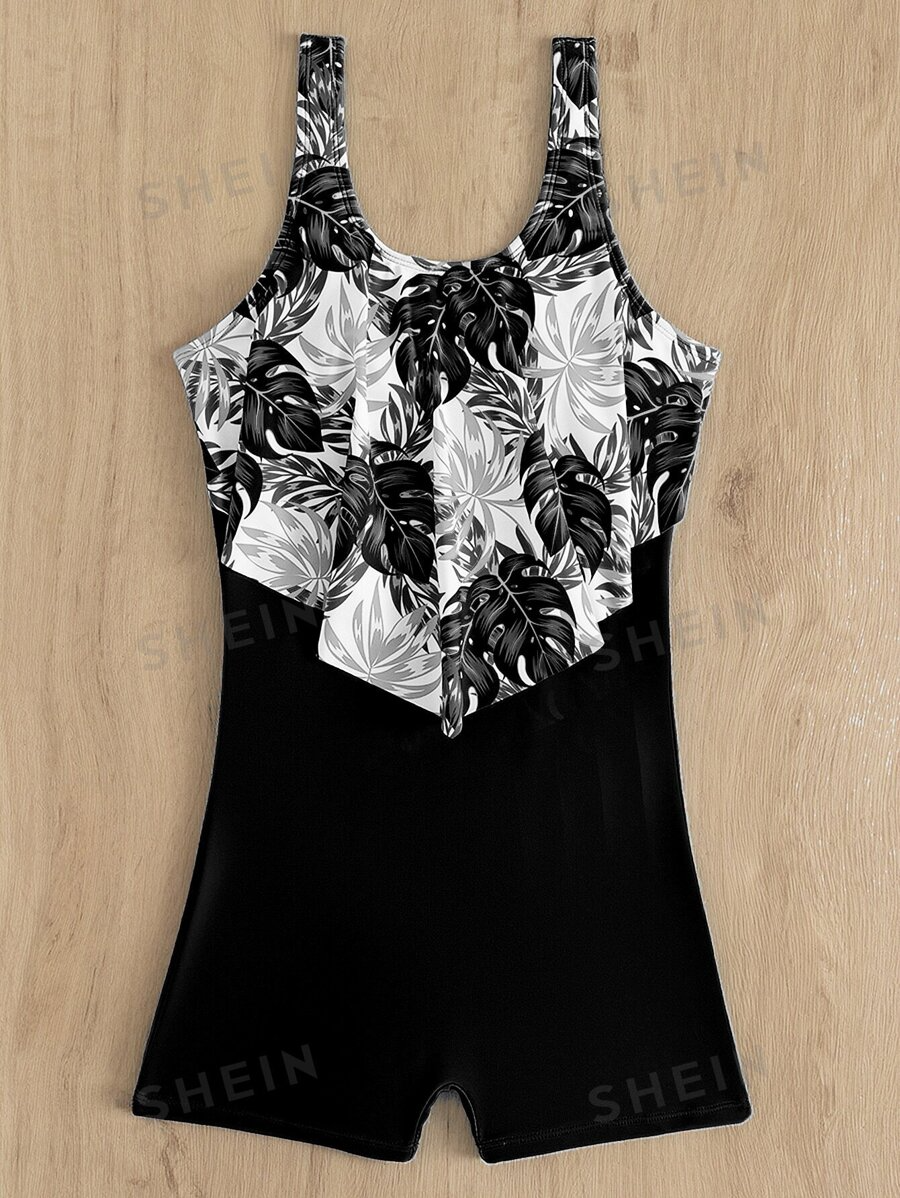 One Piece Swimsuit Tropical Print with Hanky Hem