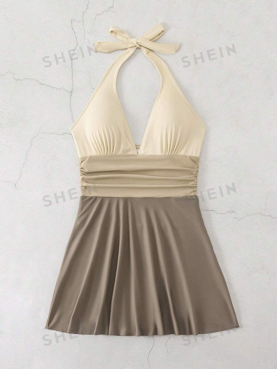 Summer Beach Colorblock Halter Swim Dress