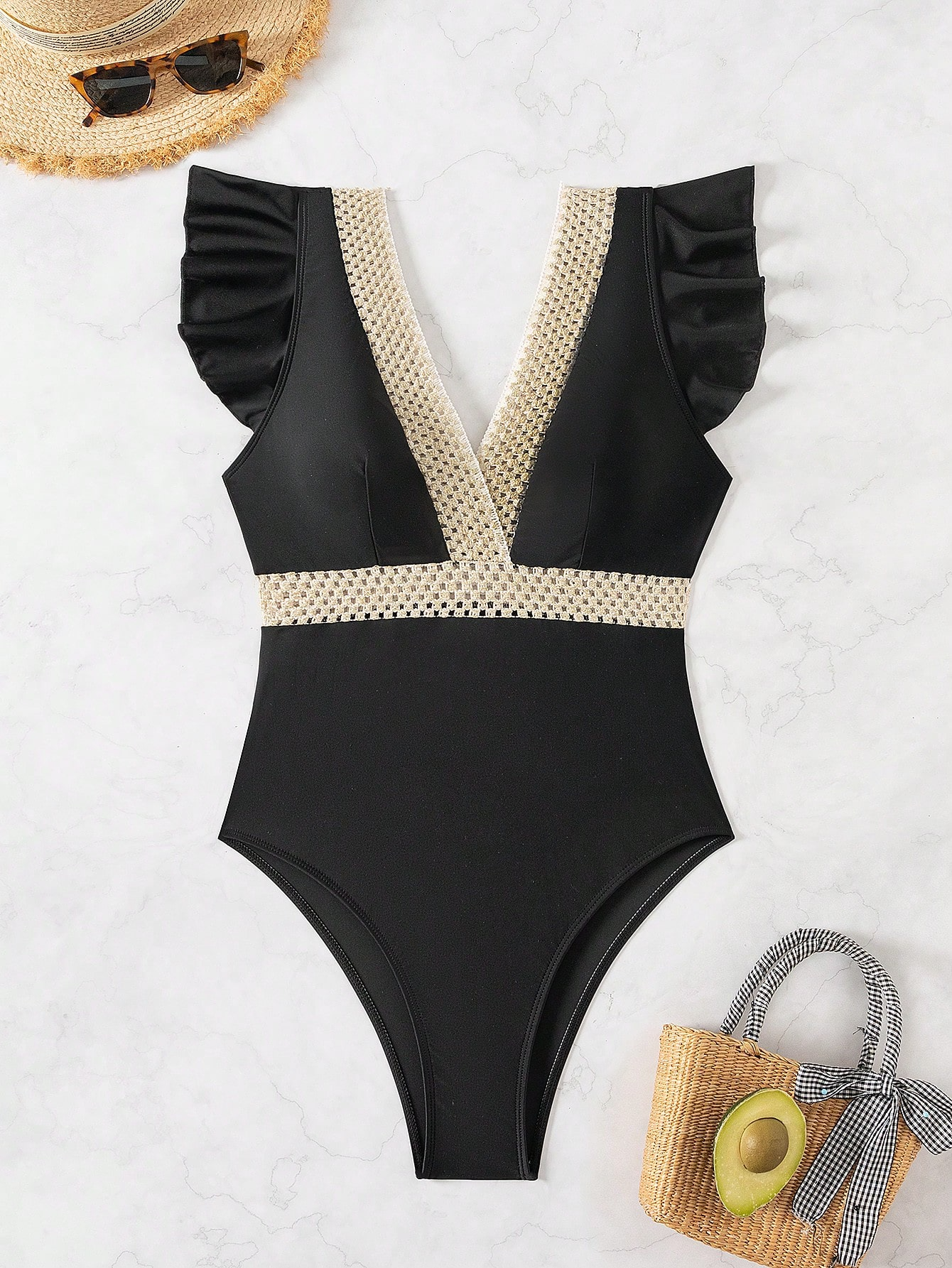 One Piece Women’s Swimsuit - Summer Beach Color Block Cap Sleeve for Vacation