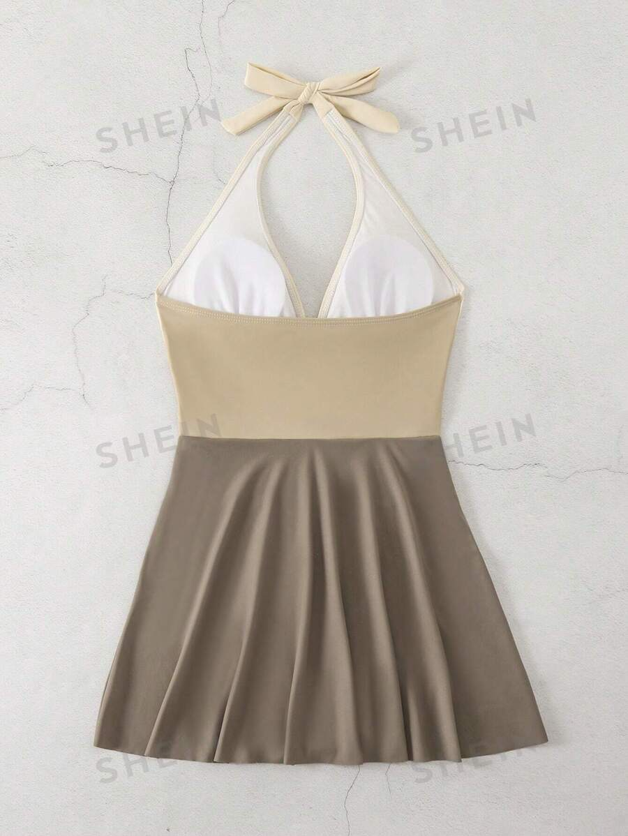 Summer Beach Colorblock Halter Swim Dress