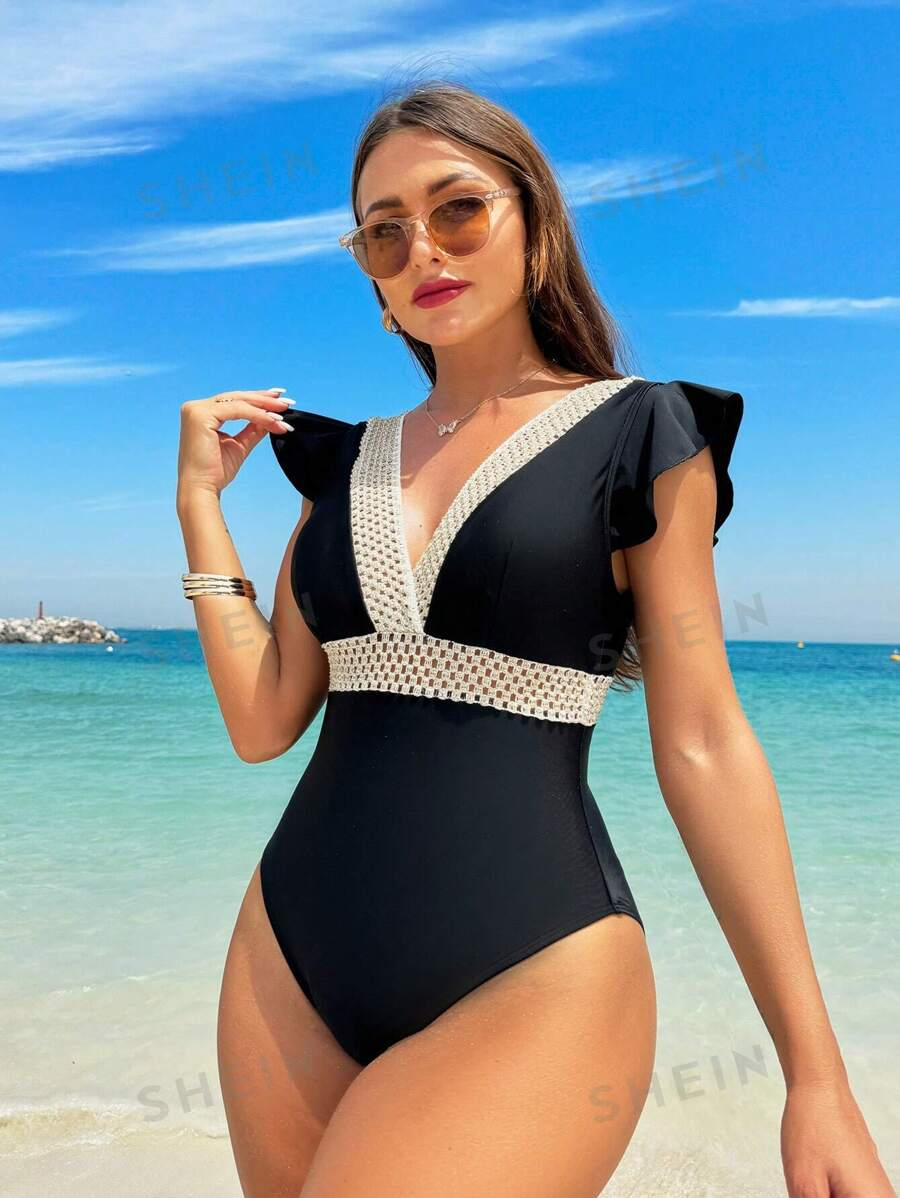One Piece Women’s Swimsuit - Summer Beach Color Block Cap Sleeve for Vacation