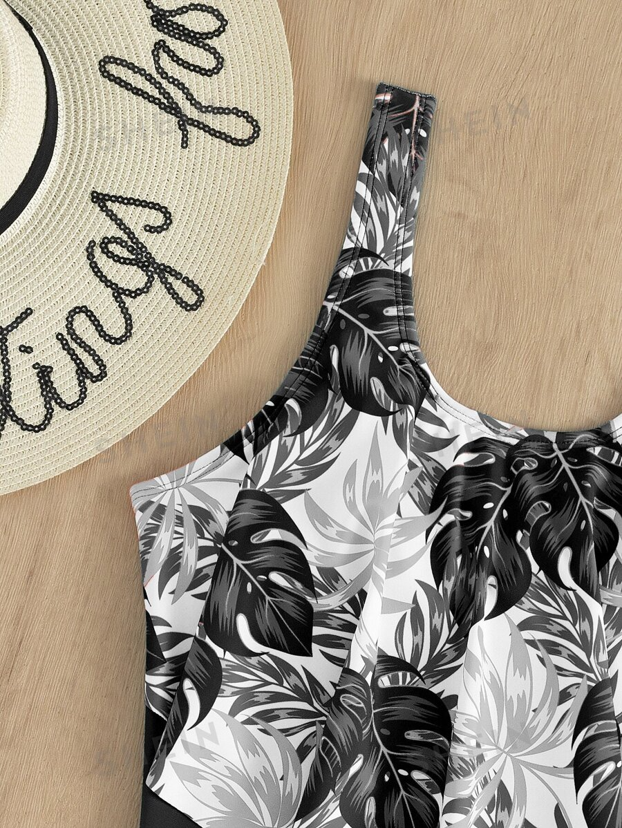 One Piece Swimsuit Tropical Print with Hanky Hem