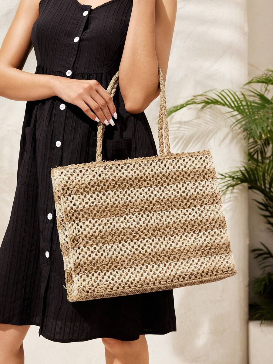 Beach Tote Bag – Two-Tone Striped with Shoulder Strap حقيبة شاطئ-1