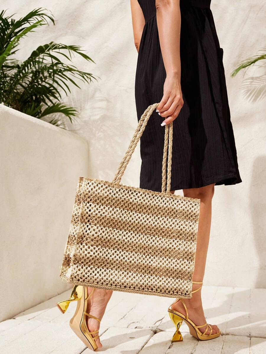 Beach Tote Bag – Two-Tone Striped with Shoulder Strap حقيبة شاطئ3