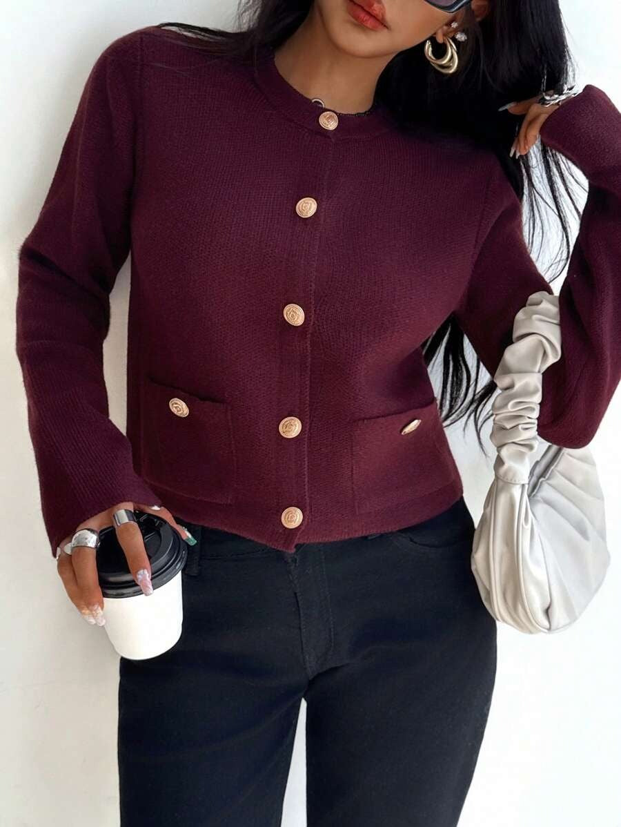 Burgundy casual cardigan sweater with gold button details