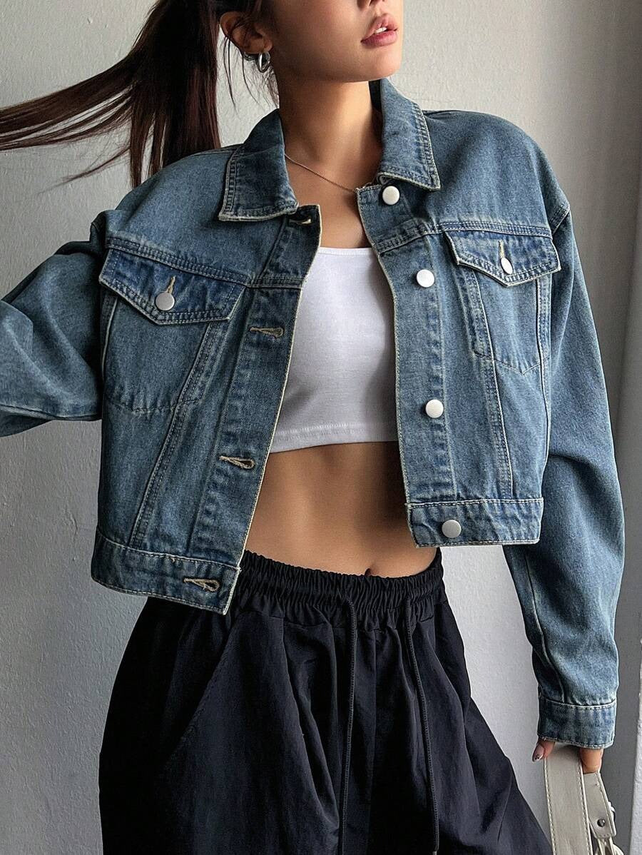 Denim Jacket Button Front Casual Style with Pockets