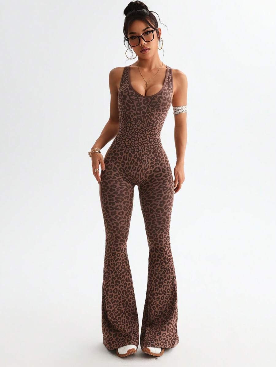 One-Piece Pant Suit with a Crisscross Back Design and Deep V-Neck Leopard Print