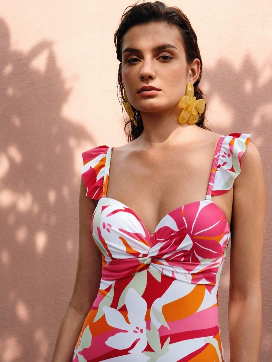 One-Piece Swimsuit with Leaf Print & Twist Detail- مايوه نسائي قطعه واحده