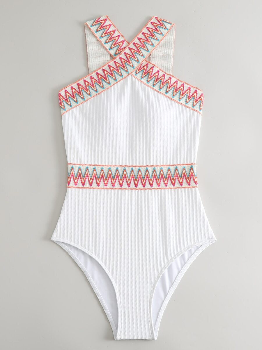 One-Piece Swimsuit with Rank Badge Stripe Cross Straps