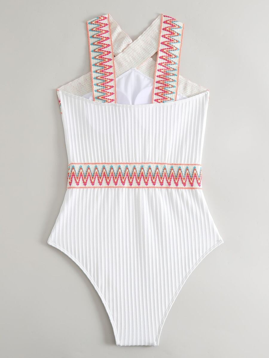 One-Piece Swimsuit with Rank Badge Stripe Cross Straps