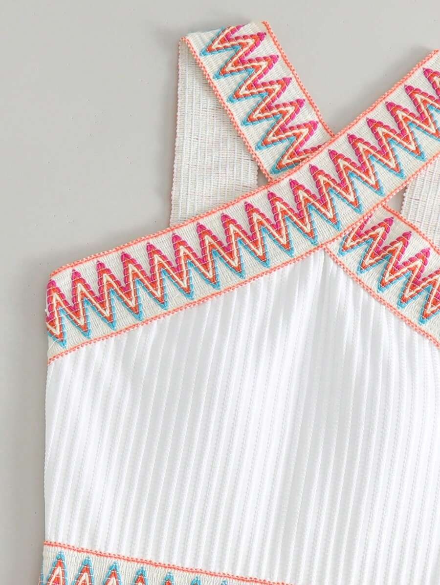 One-Piece Swimsuit with Rank Badge Stripe Cross Straps