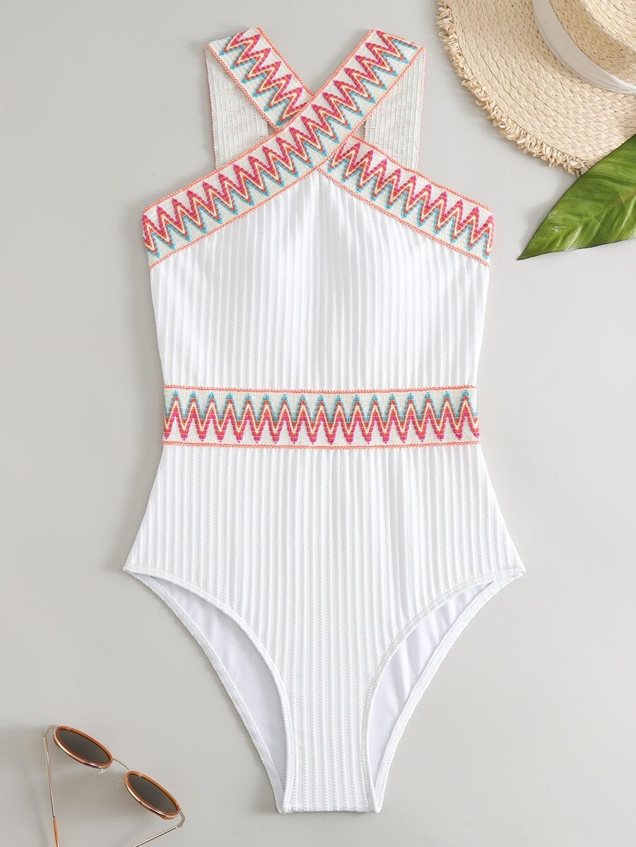 One-Piece Swimsuit with Rank Badge Stripe Cross Straps