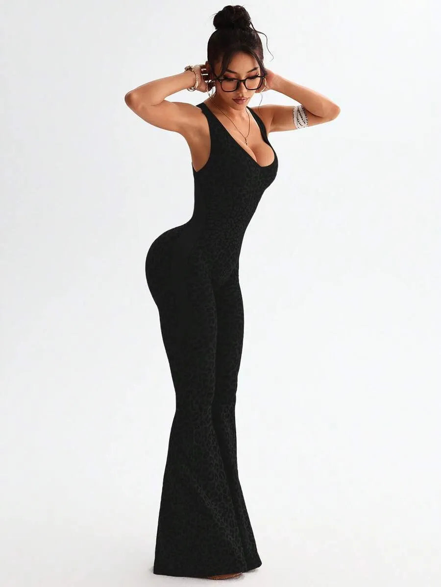 One-piece jumpsuit with a twisted back and deep V-neck in a leopard print