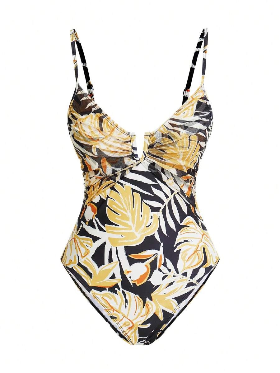 One Piece Swimsuit for Women – Tropical Plant Print with Skirt Cover-Up 2-Piece Set