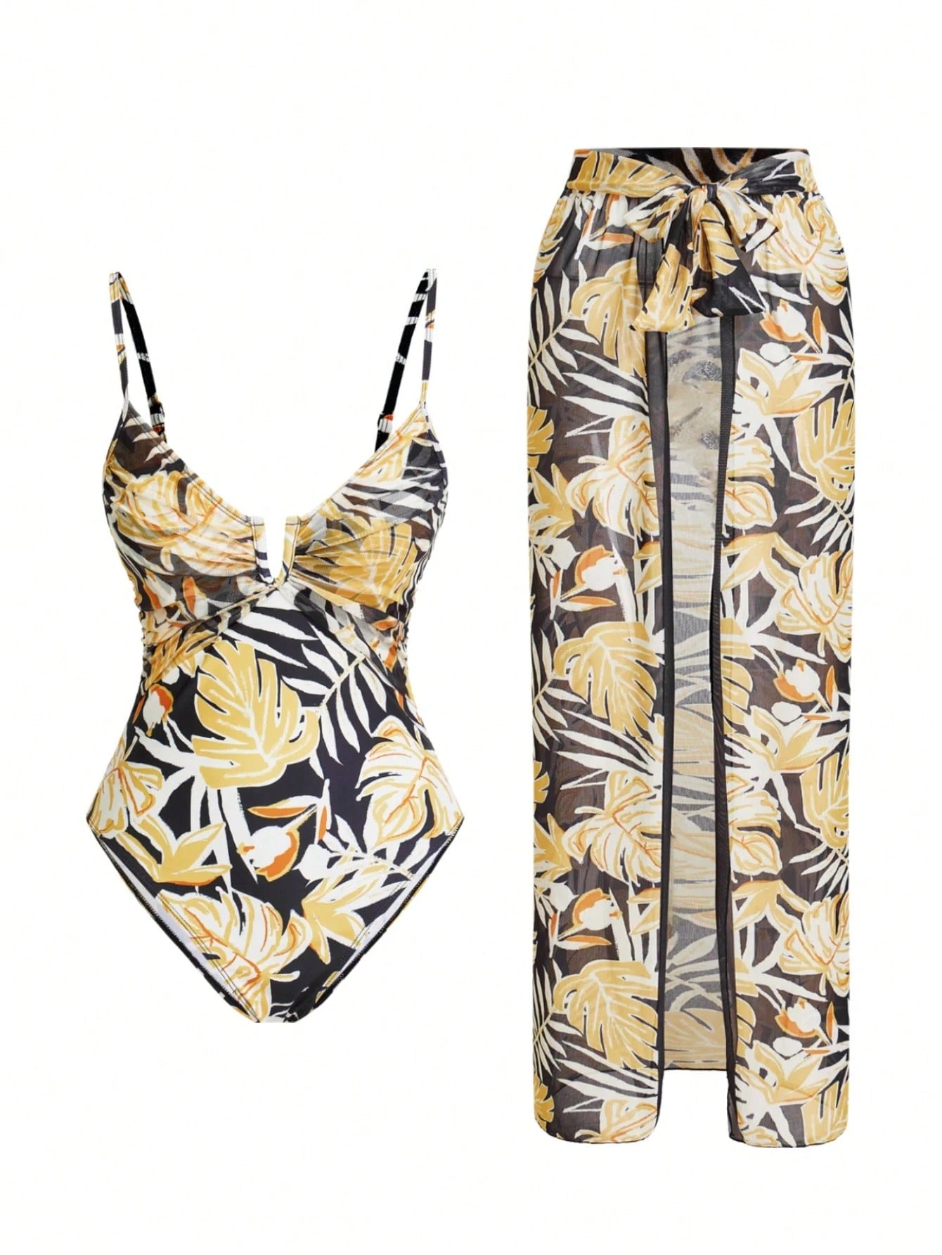 One Piece Swimsuit for Women – Tropical Plant Print with Skirt Cover-Up 2-Piece Set
