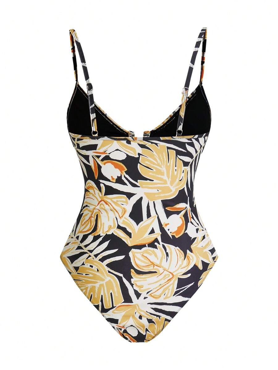 One Piece Swimsuit for Women – Tropical Plant Print with Skirt Cover-Up 2-Piece Set