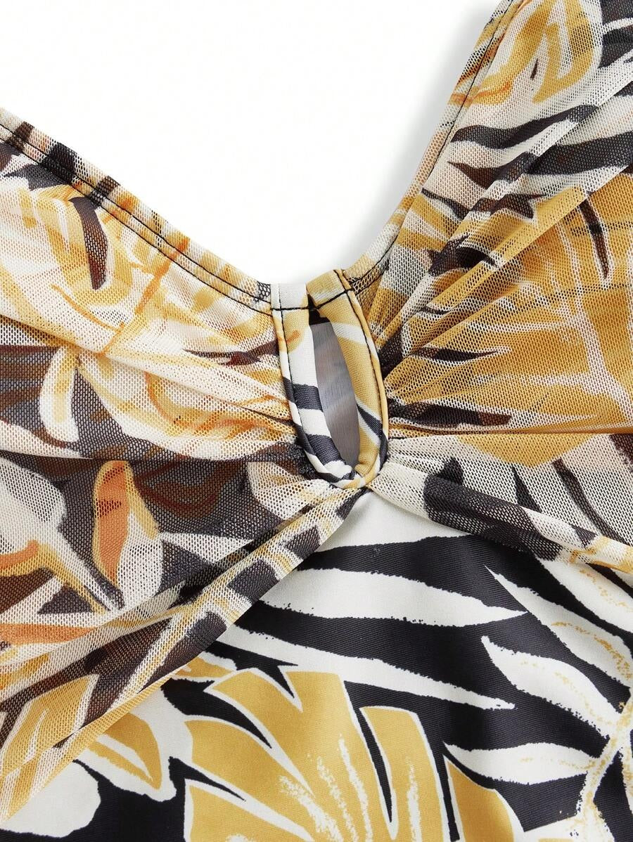One Piece Swimsuit for Women – Tropical Plant Print with Skirt Cover-Up 2-Piece Set