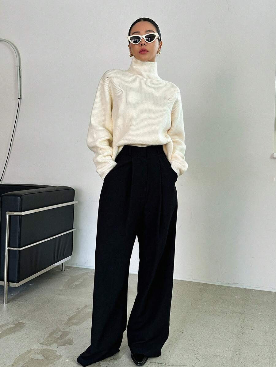 Oversized High-Neck Wool Sweater for Women Drop Shoulder Fall Style