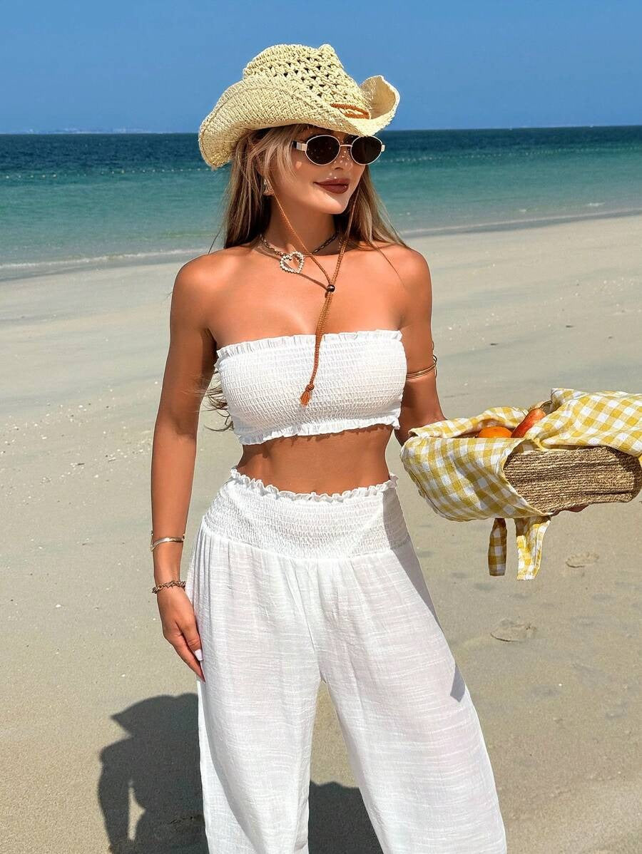 2pcs Women's Beach Outfit Ruffle Crop Top & Wide Leg Pants