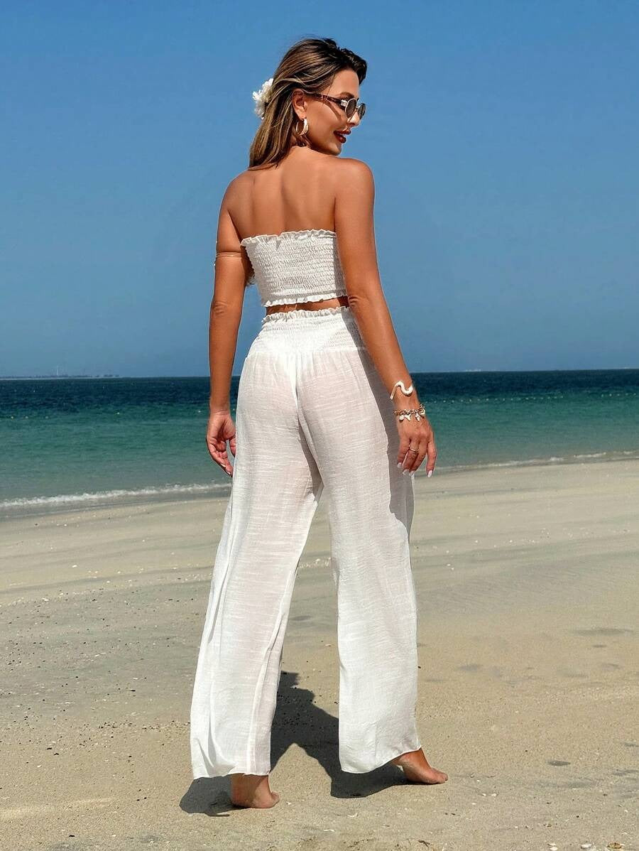 2pcs Women's Beach Outfit Ruffle Crop Top & Wide Leg Pants