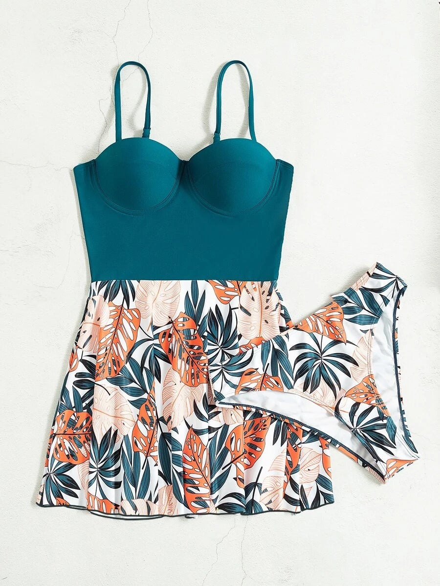 Bikini Set Swim Dress Tropical Print Push-Up Style for Summer Beach