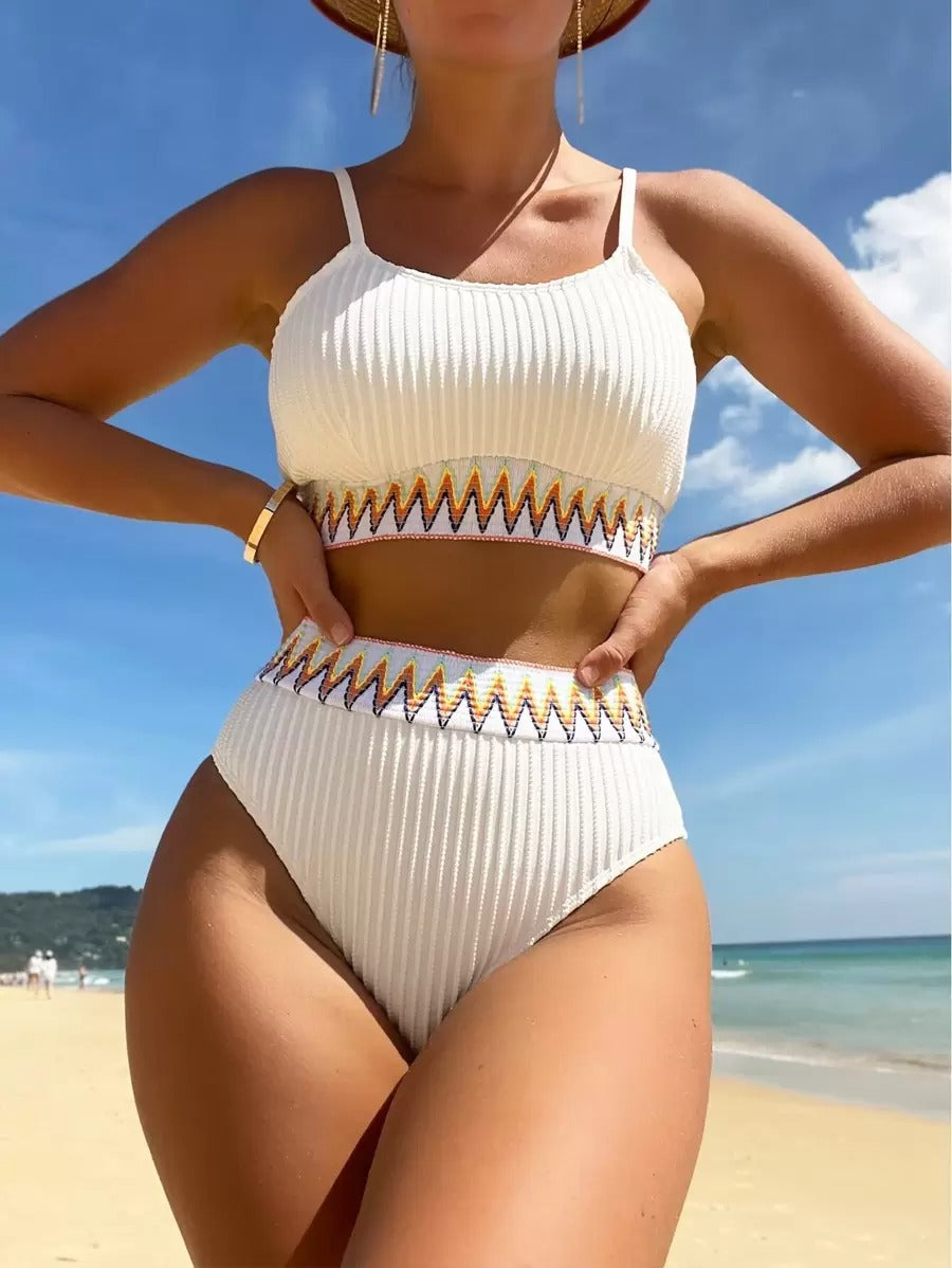 Bikini Set with Wave Print – High Waisted 2 Piece Swimsuit for Women
