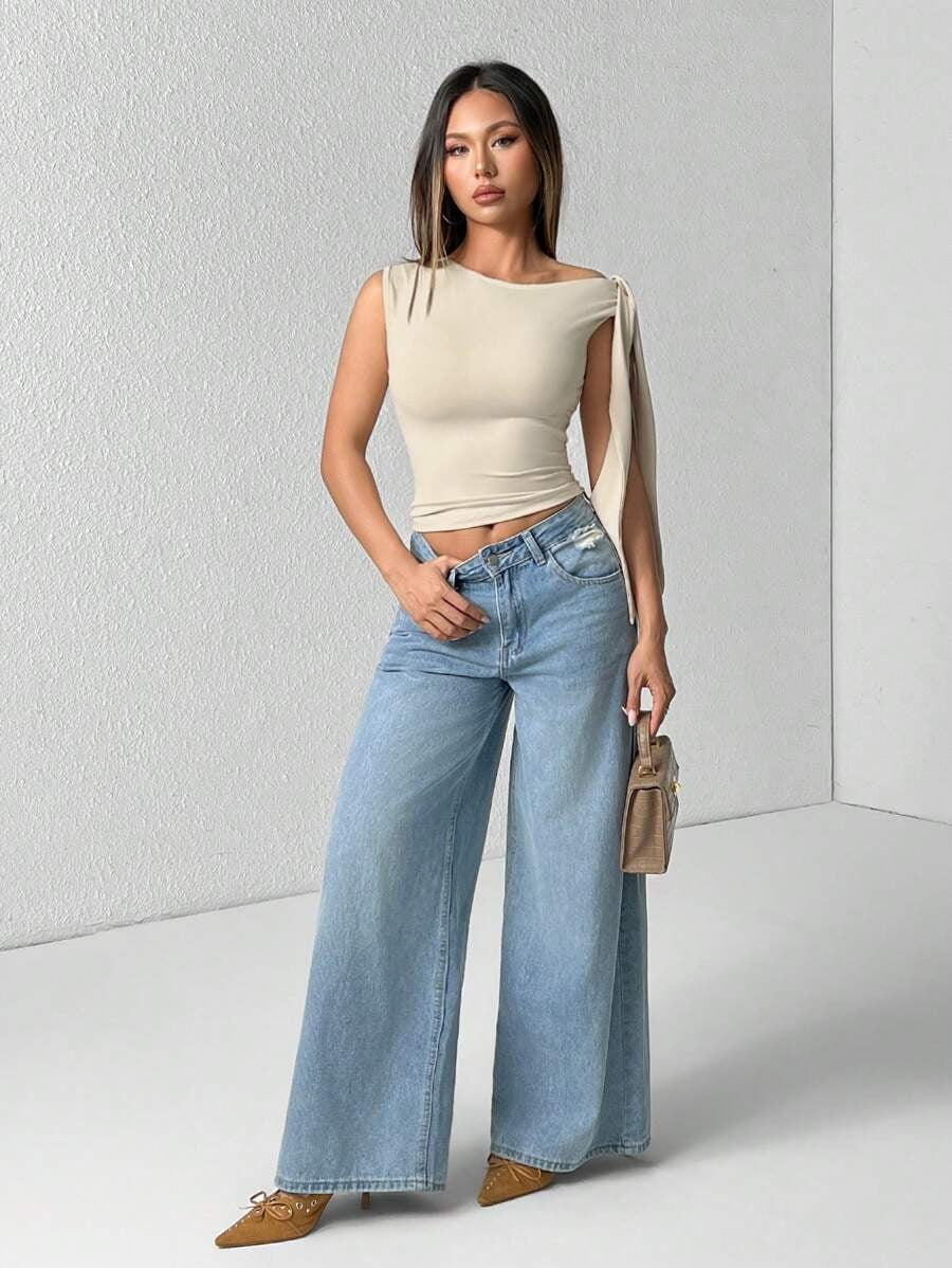 Blouse for Women Solid Color Oblique Collar Tie Waist Minimalist Casual Wear
