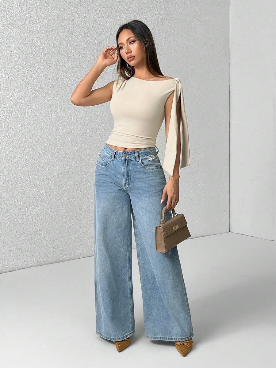 Blouse for Women Solid Color Oblique Collar Tie Waist Minimalist Casual Wear