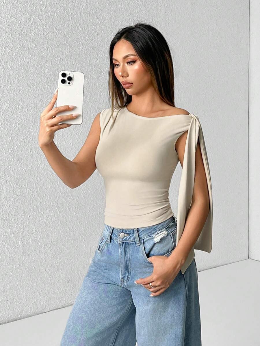 Blouse for Women Solid Color Oblique Collar Tie Waist Minimalist Casual Wear
