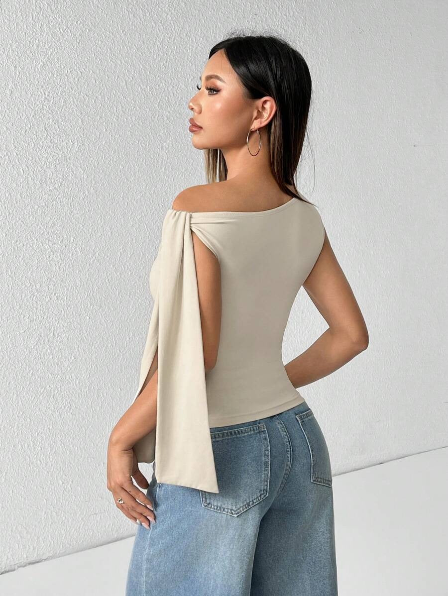 Blouse for Women Solid Color Oblique Collar Tie Waist Minimalist Casual Wear