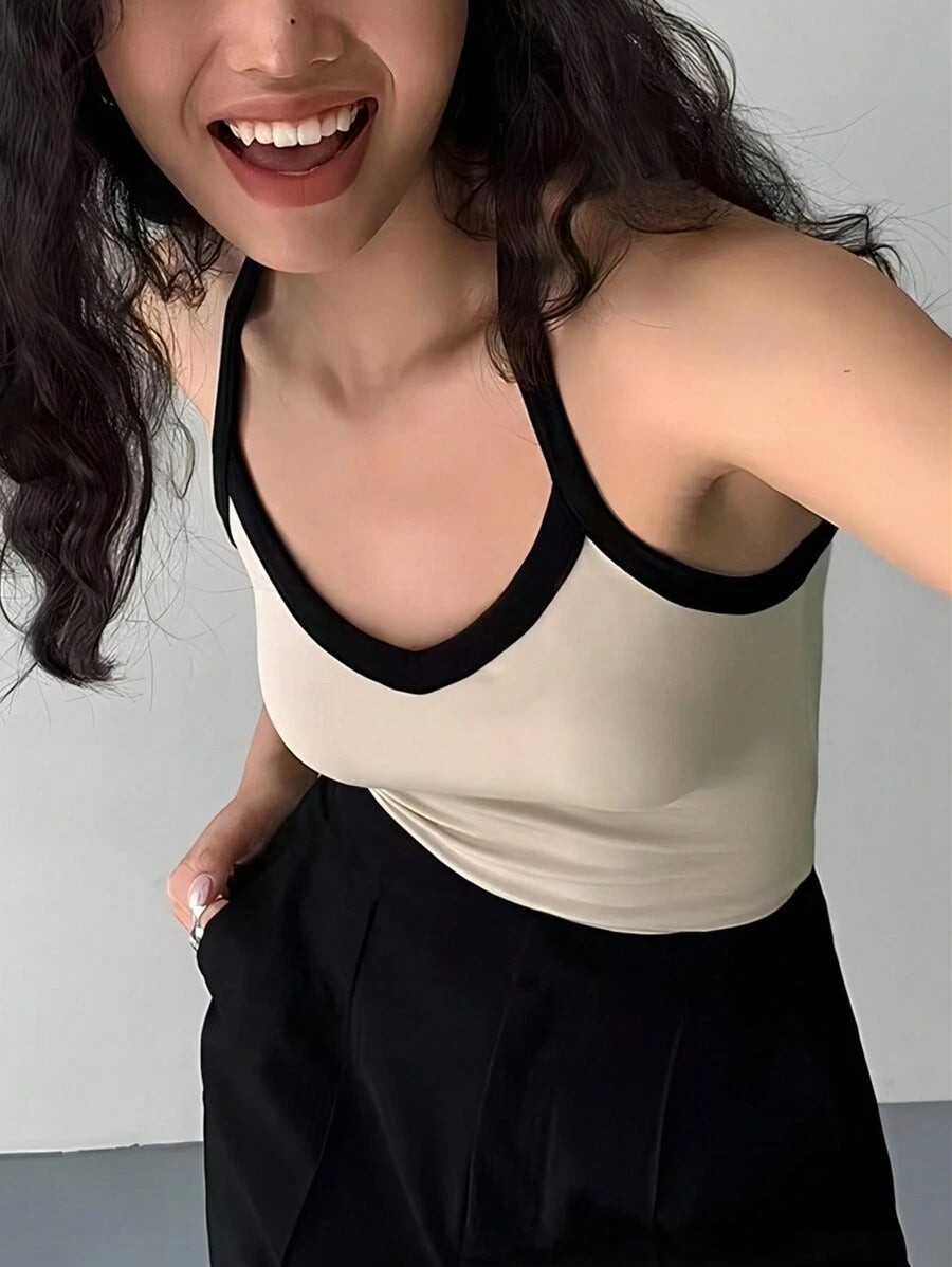 Camisole Top for Women Color Block Slim Fit Summer Fashion with Neck Strap