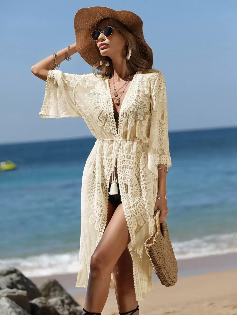 Cover-Up Kimono with Floral Embroidery – Boho Mesh Beachwear for Women