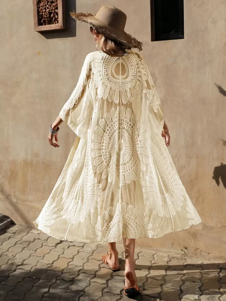 Cover-Up Kimono with Floral Embroidery – Boho Mesh Beachwear for Women