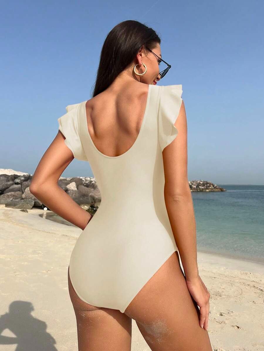 One-Piece Swimsuit Deep V-Neck with Ruffle & Twist Detail