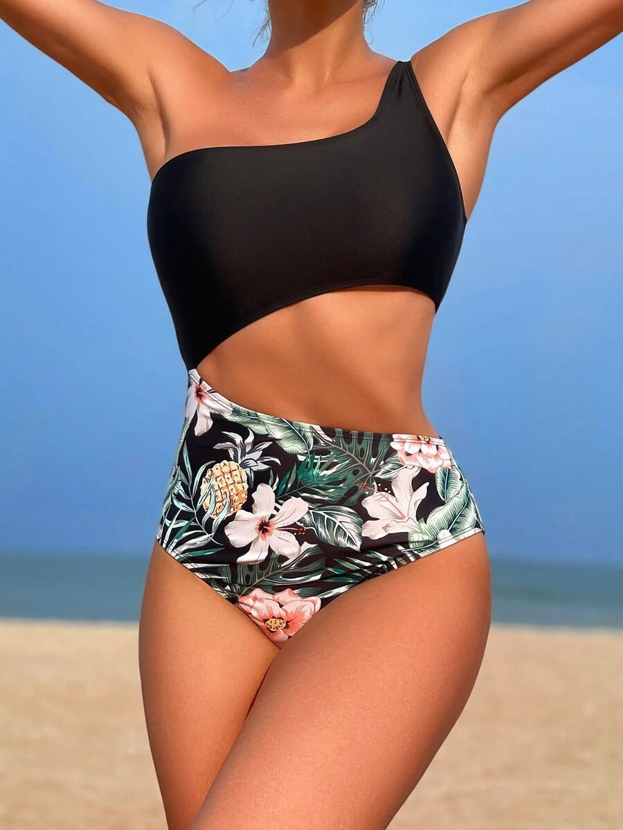One-Piece Swimsuit Tropical One Shoulder Cut-Out Design