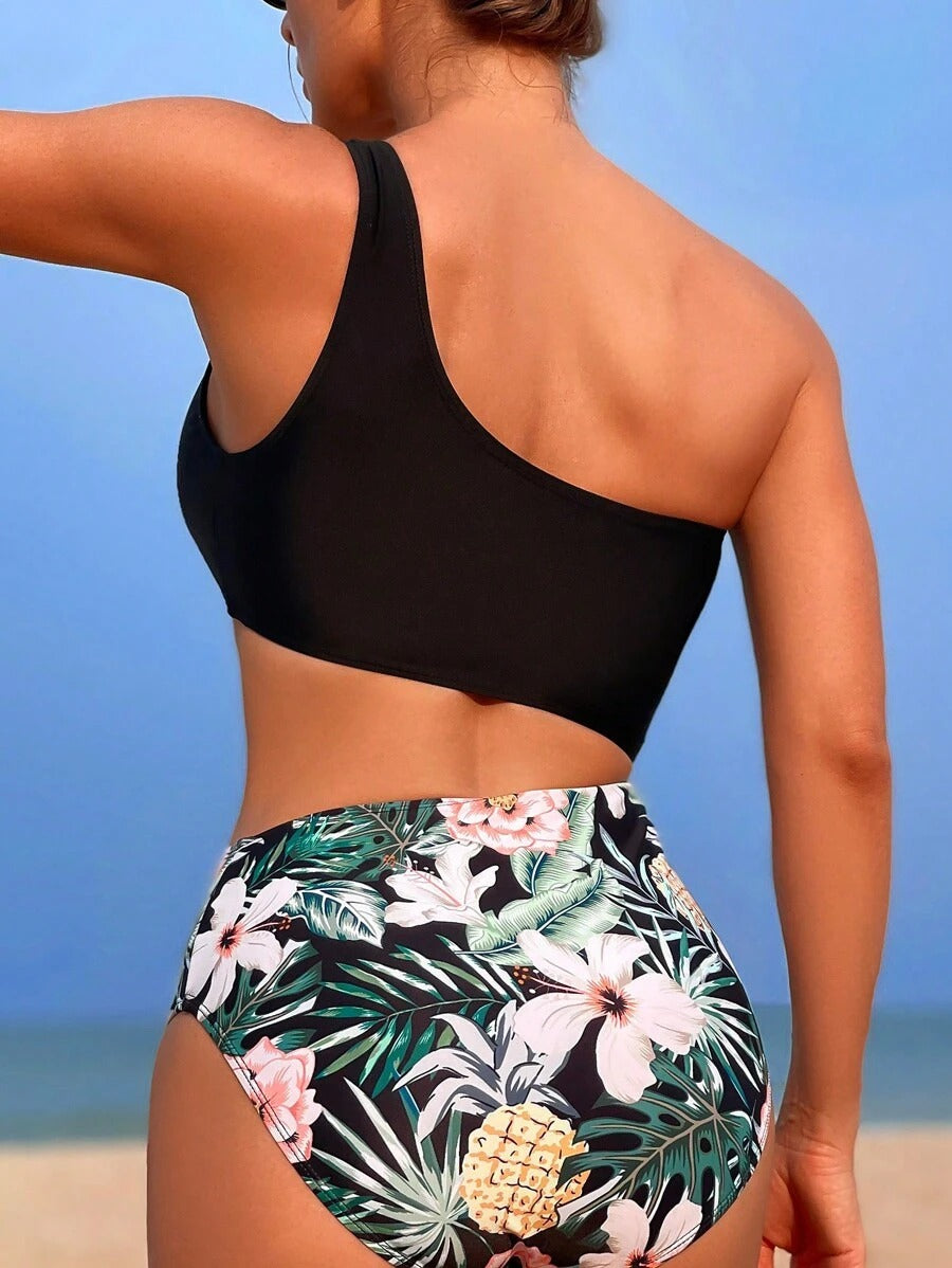 One-Piece Swimsuit Tropical One Shoulder Cut-Out Design