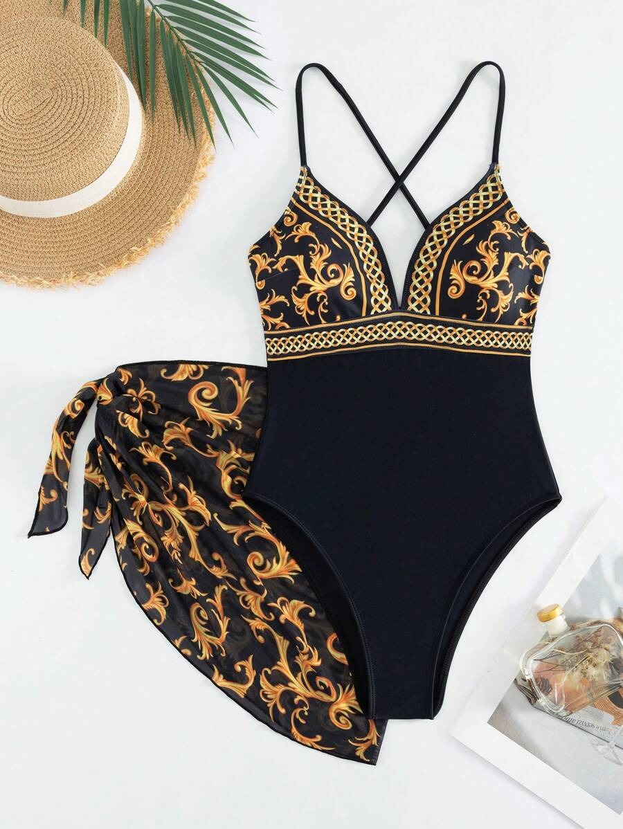One-Piece Swimsuit Tropical Print for Summer