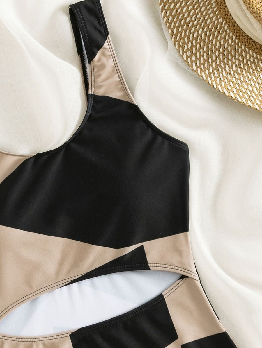 One-Piece Swimsuit Color block Cut-Out Design for Summer Beach