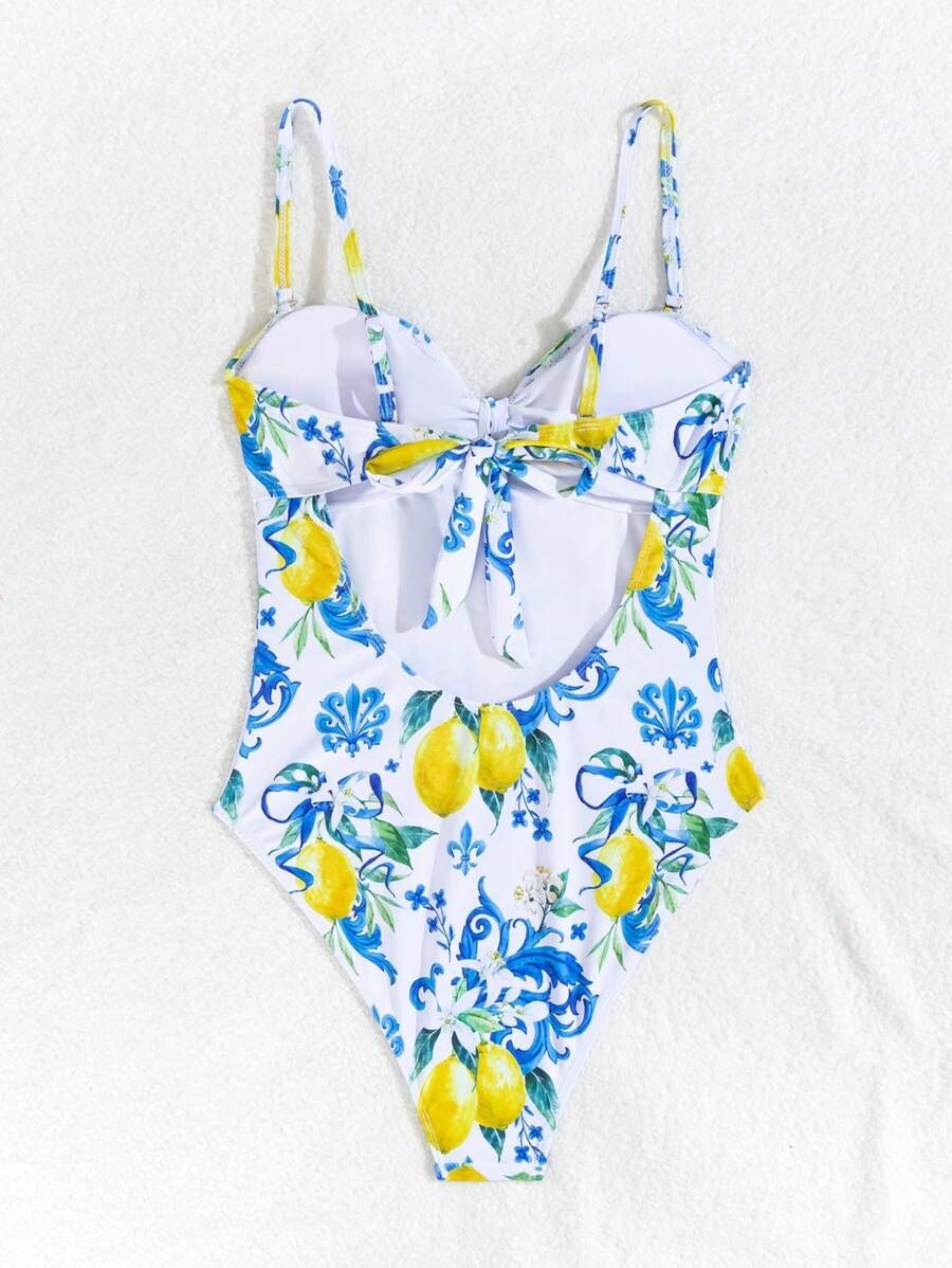 One-Piece Swimsuit with Fruit Print & Knotted Shoulder Straps