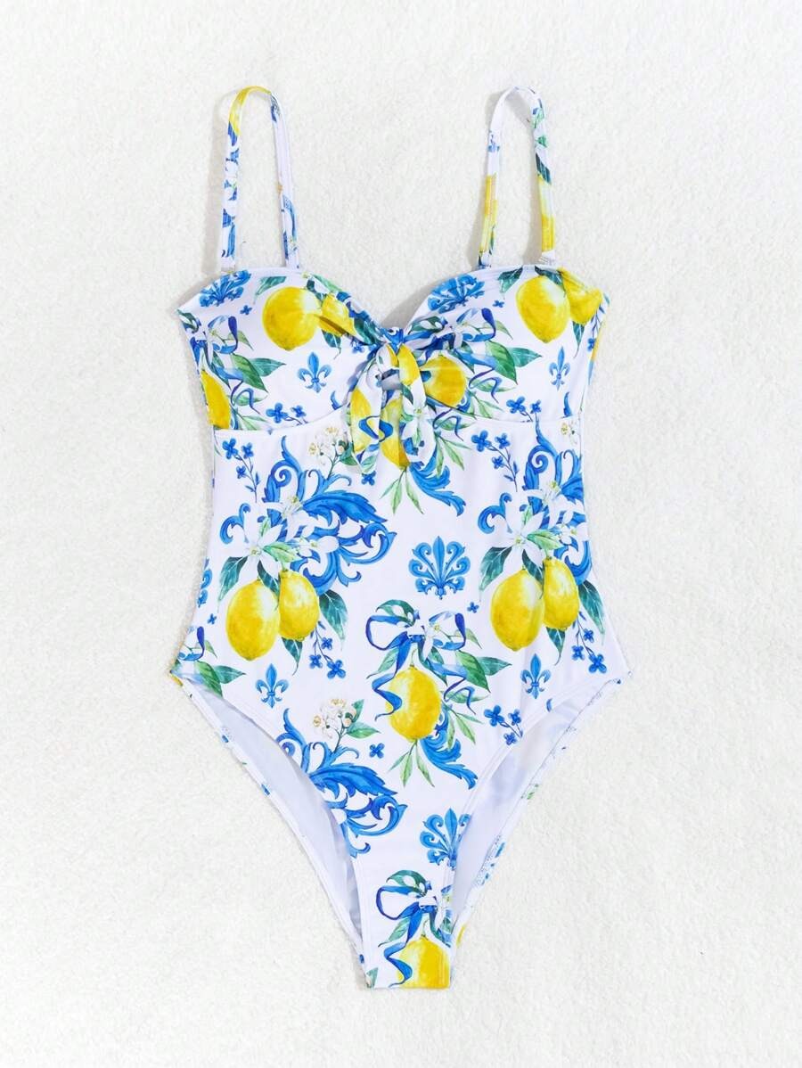 One-Piece Swimsuit with Fruit Print & Knotted Shoulder Straps