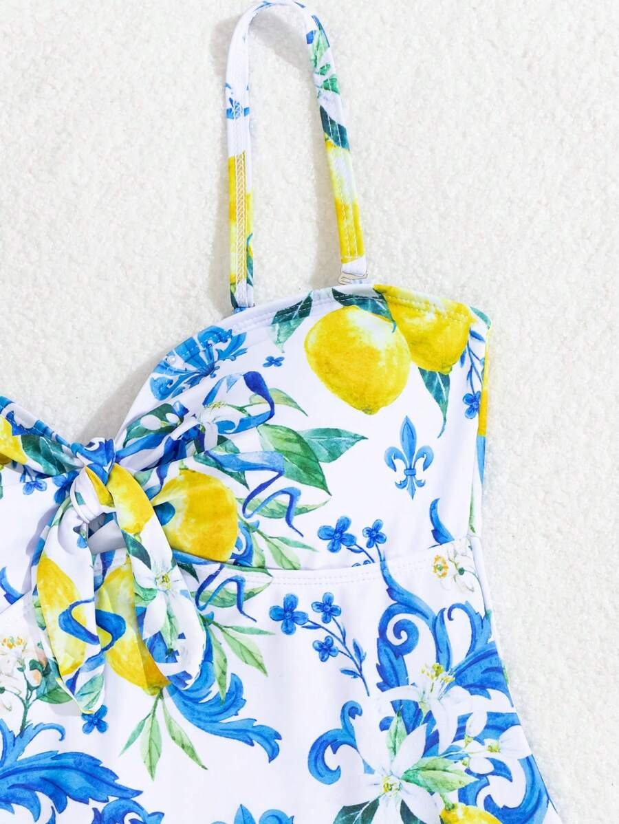 One-Piece Swimsuit with Fruit Print & Knotted Shoulder Straps