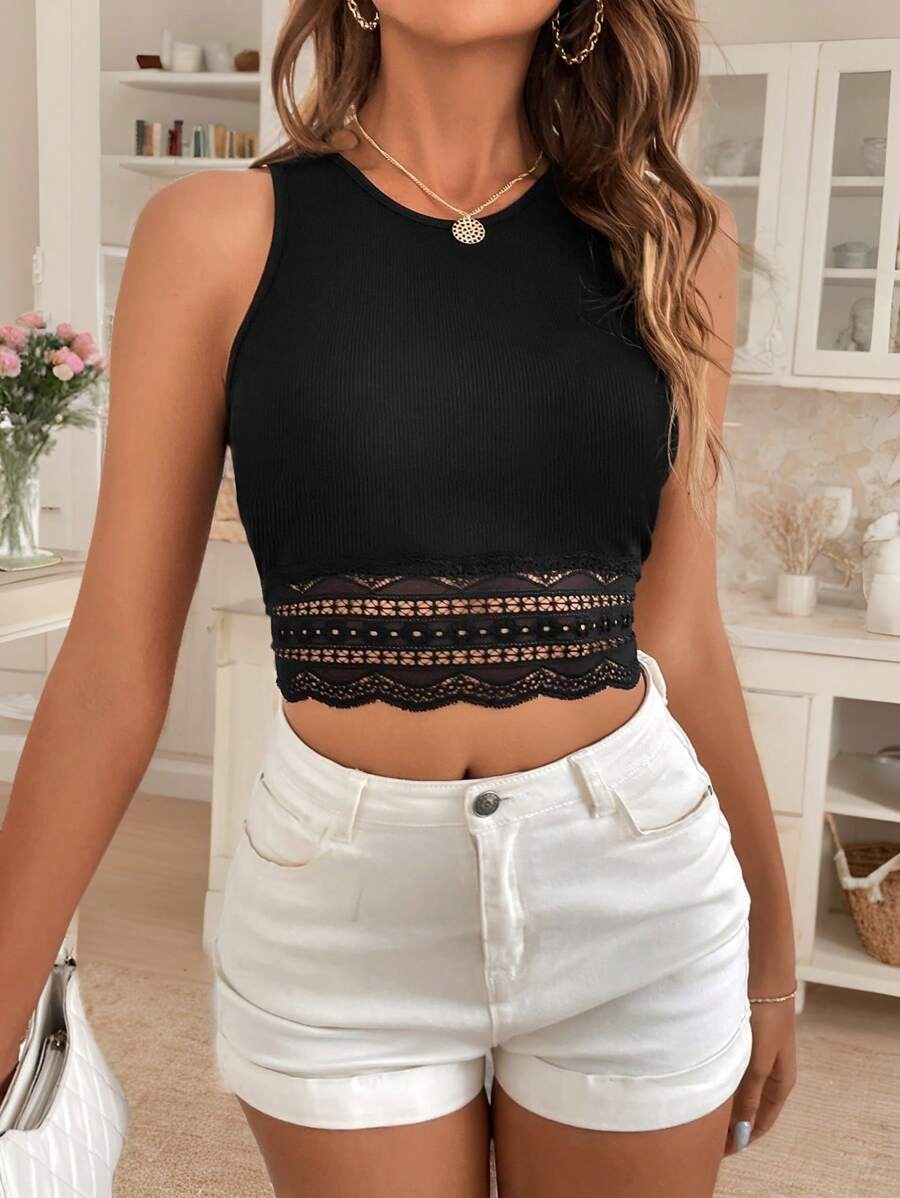 Top for Women PU Leather Lace Patchwork Minimalist Old Money Style for Fall