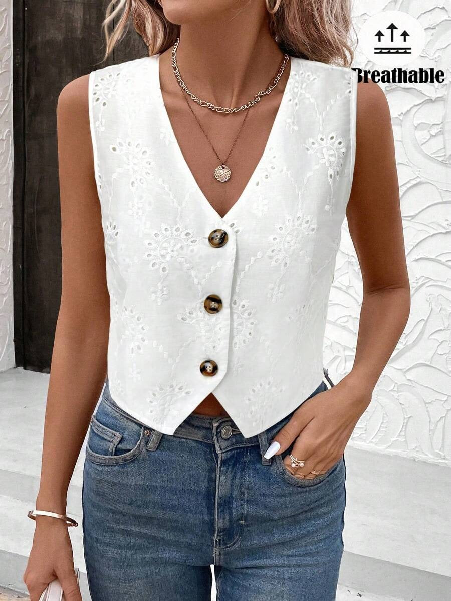 Women's White Embroidered Blouse Romantic Vest Style for Spring & Valentine's Day