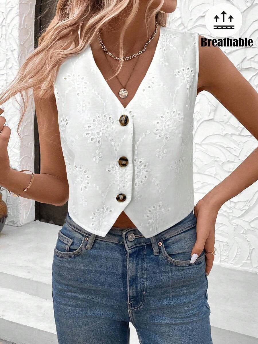 Women's White Embroidered Blouse Romantic Vest Style for Spring & Valentine's Day