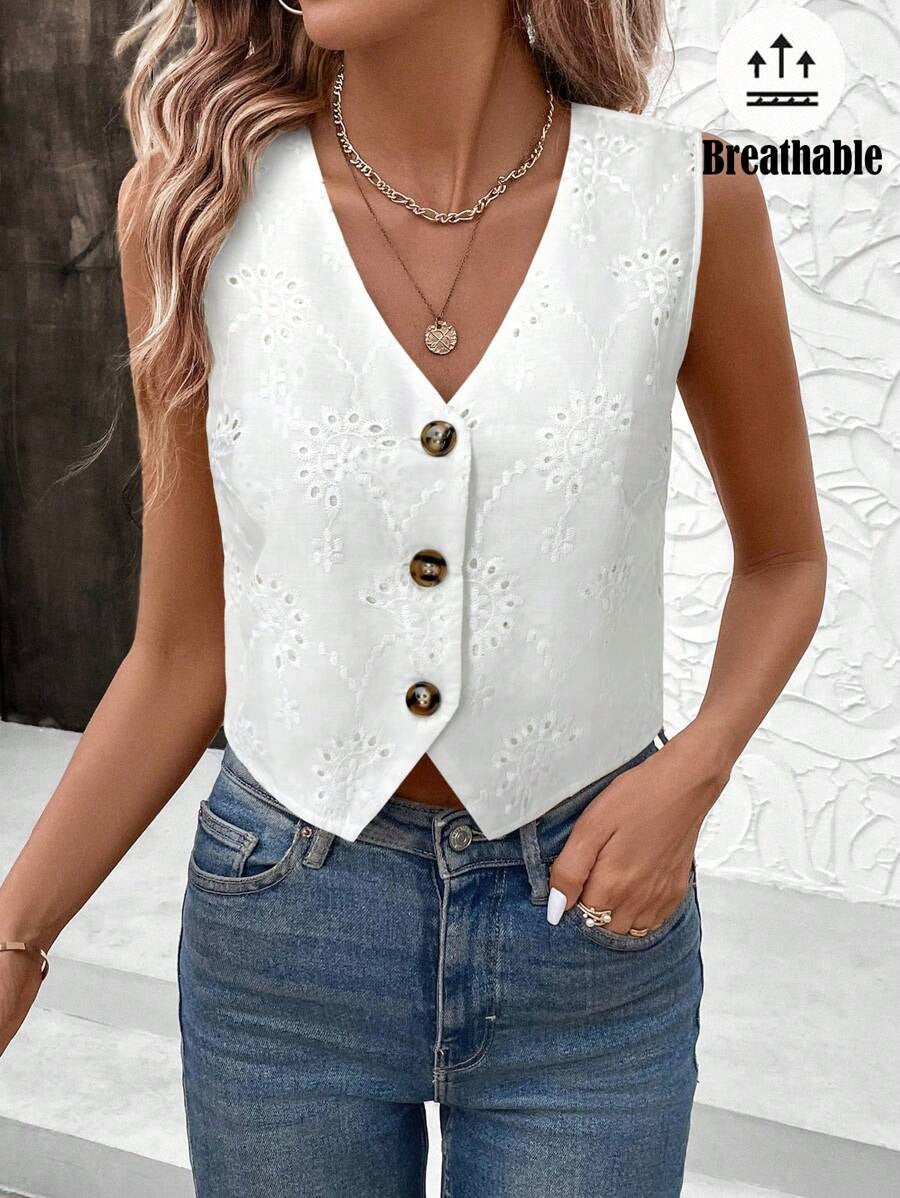 Women's White Embroidered Blouse Romantic Vest Style for Spring & Valentine's Day