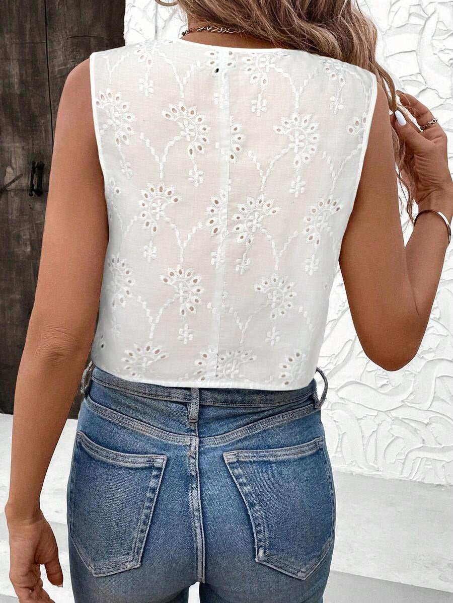 Women's White Embroidered Blouse Romantic Vest Style for Spring & Valentine's Day
